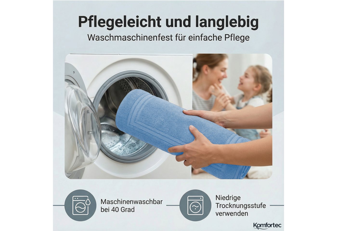 Komfortec Badematte Badvorleger aus 100% Baumwolle, 50x70 cm Duschvorleger, Waschbar Duschmatte, Frottee, Rechteckig, 600 g/m², 2er Set, Saugfähig & Schnelltroc – Bild 4 von 5