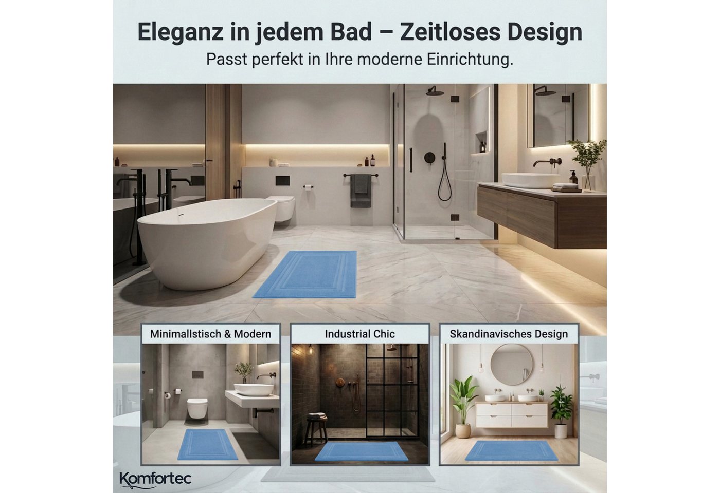 Komfortec Badematte Badvorleger aus 100% Baumwolle, 50x70 cm Duschvorleger, Waschbar Duschmatte, Frottee, Rechteckig, 600 g/m², 2er Set, Saugfähig & Schnelltroc – Bild 5 von 5