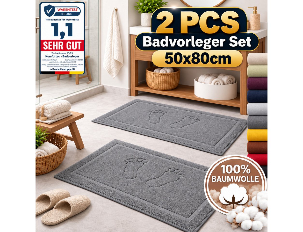 Komfortec Badematte Badvorleger aus 100% Baumwolle, Rechteckig, 800 g/m² – Bild 2 von 5