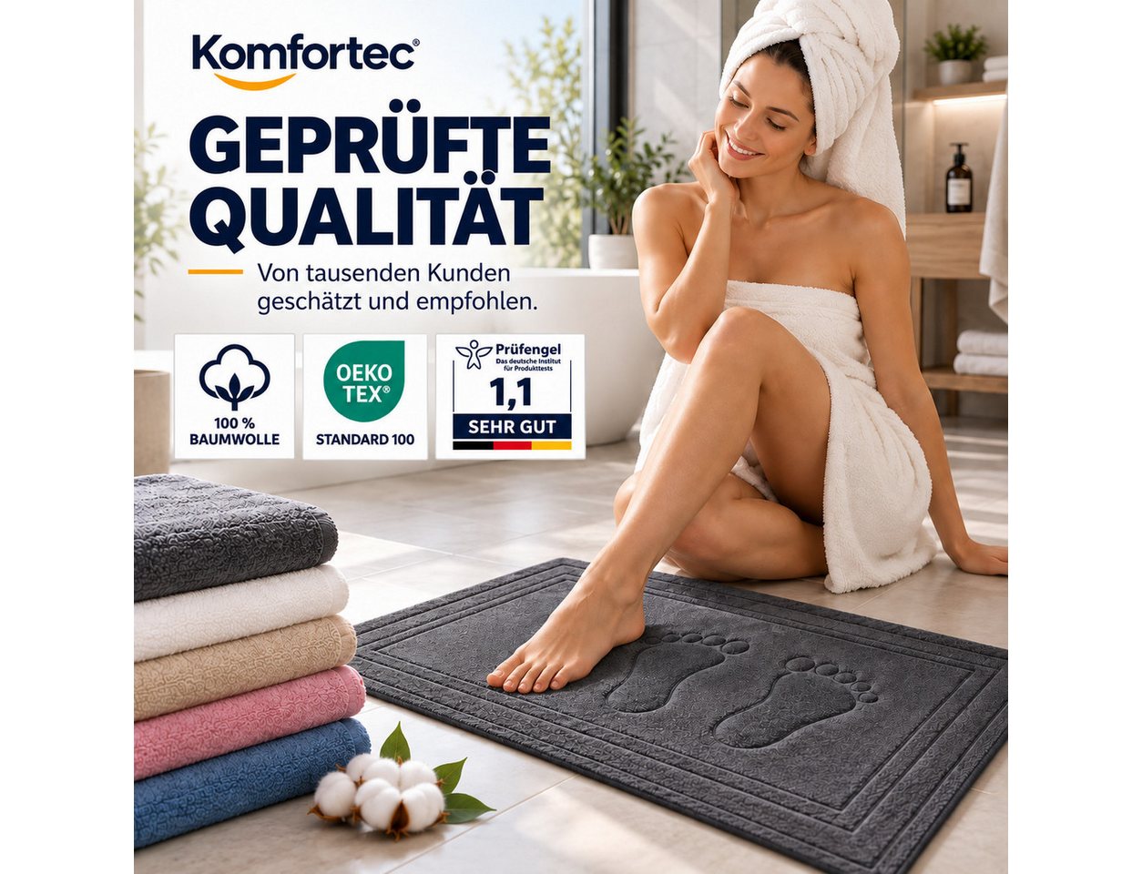 Komfortec Badematte Badvorleger aus 100% Baumwolle, Rechteckig, 800 g/m² – Bild 3 von 5