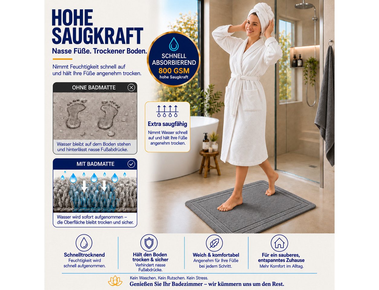 Komfortec Badematte Badvorleger aus 100% Baumwolle, Rechteckig, 800 g/m² – Bild 4 von 5