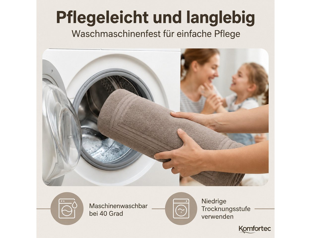 Komfortec Badematte Badvorleger aus 100% Baumwolle, Waschbar Duschmatte, Frottee, Rechteckig, 600 g/m², 2er Set, Saugfähig & Schnelltrocknend – Bild 4 von 5