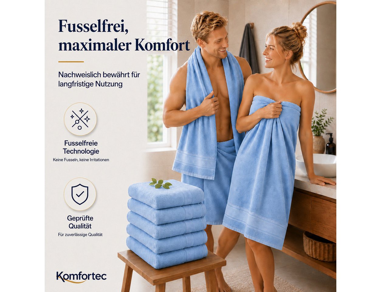 Komfortec Badetücher 70x140 cm, 100% Baumwolle, 470 g/m², Frottee (2-St), Handtücher 70x140 cm Set, Weich – Bild 4 von 5