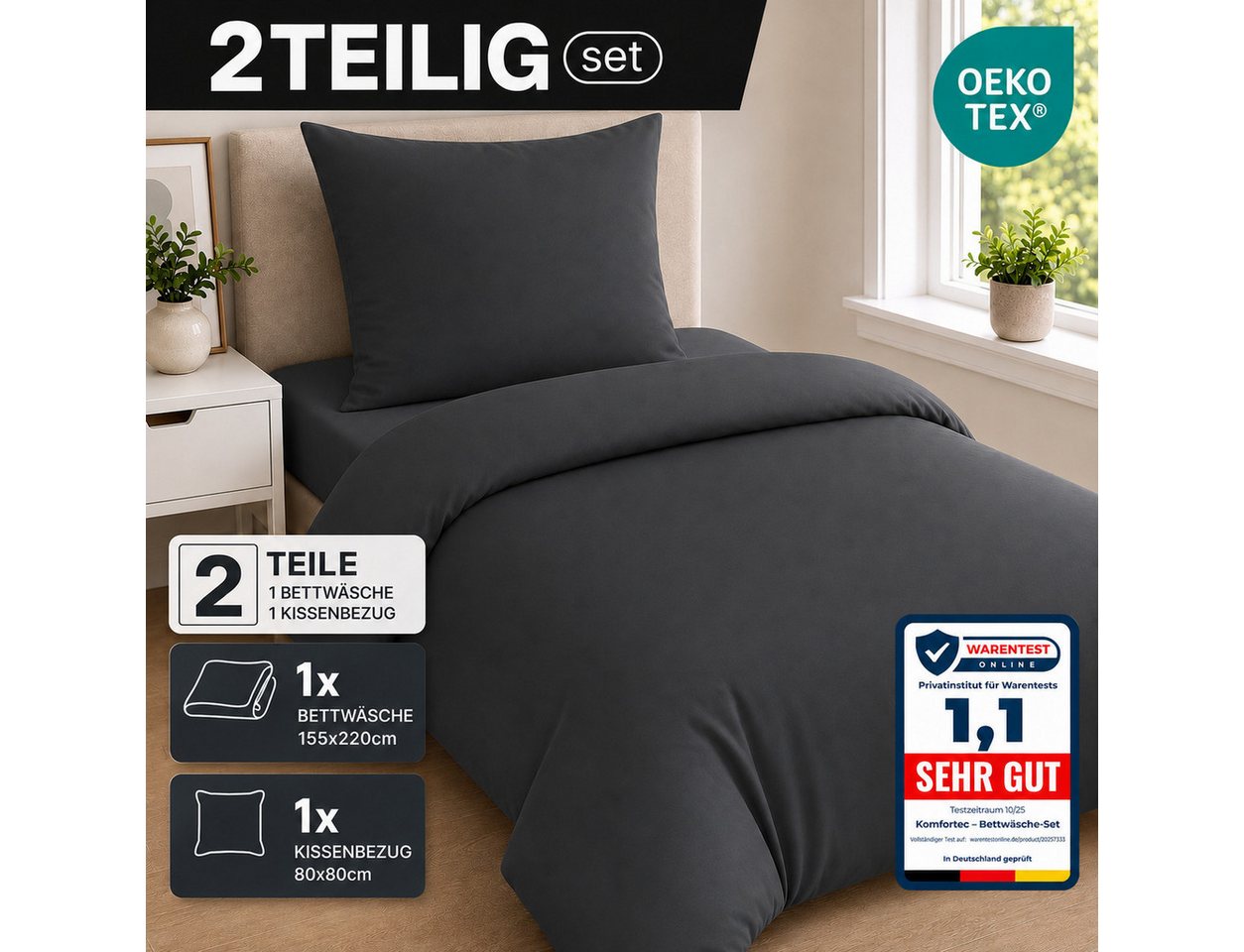 Komfortec Bettwäsche Premium, 135 x 200 bis 220 x 240 cm, 6 verschiedene Größen zur Auswahl, gebürstet 100% Mikrofaser, 2 teilig, Superweiches Bettwäsche-Set, K – Bild 3 von 5