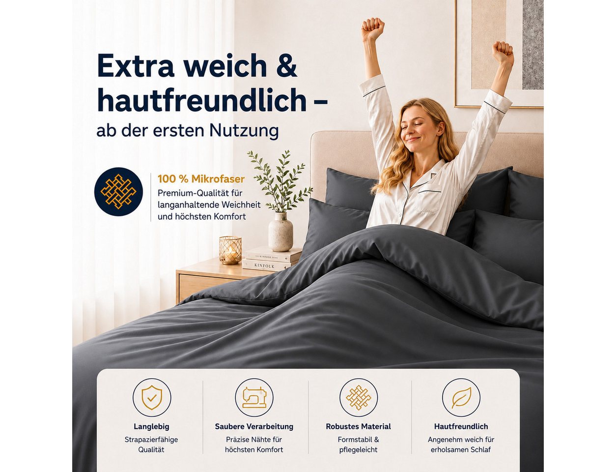 Komfortec Bettwäsche Premium, 135 x 200 bis 220 x 240 cm, 6 verschiedene Größen zur Auswahl, gebürstet 100% Mikrofaser, 2 teilig, Superweiches Bettwäsche-Set, K – Bild 4 von 5