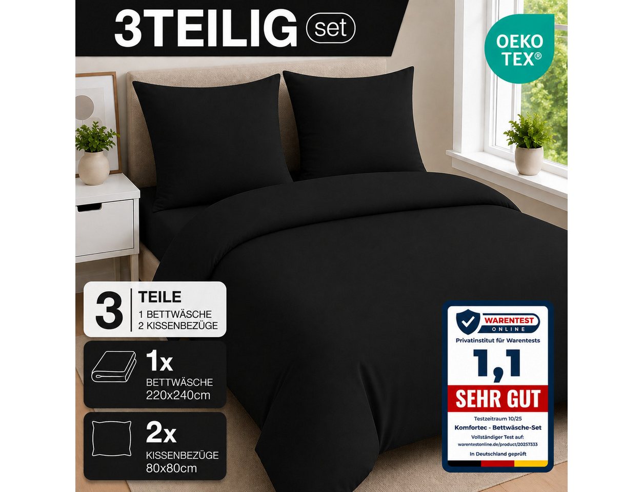 Komfortec Bettwäsche Premium, 135 x 200 bis 220 x 240 cm, 6 verschiedene Größen zur Auswahl, gebürstet 100% Mikrofaser, 3 teilig, Superweiches Bettwäsche-Set, K – Bild 3 von 5