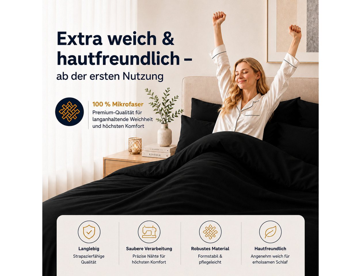 Komfortec Bettwäsche Premium, 135 x 200 bis 220 x 240 cm, 6 verschiedene Größen zur Auswahl, gebürstet 100% Mikrofaser, 3 teilig, Superweiches Bettwäsche-Set, K – Bild 4 von 5