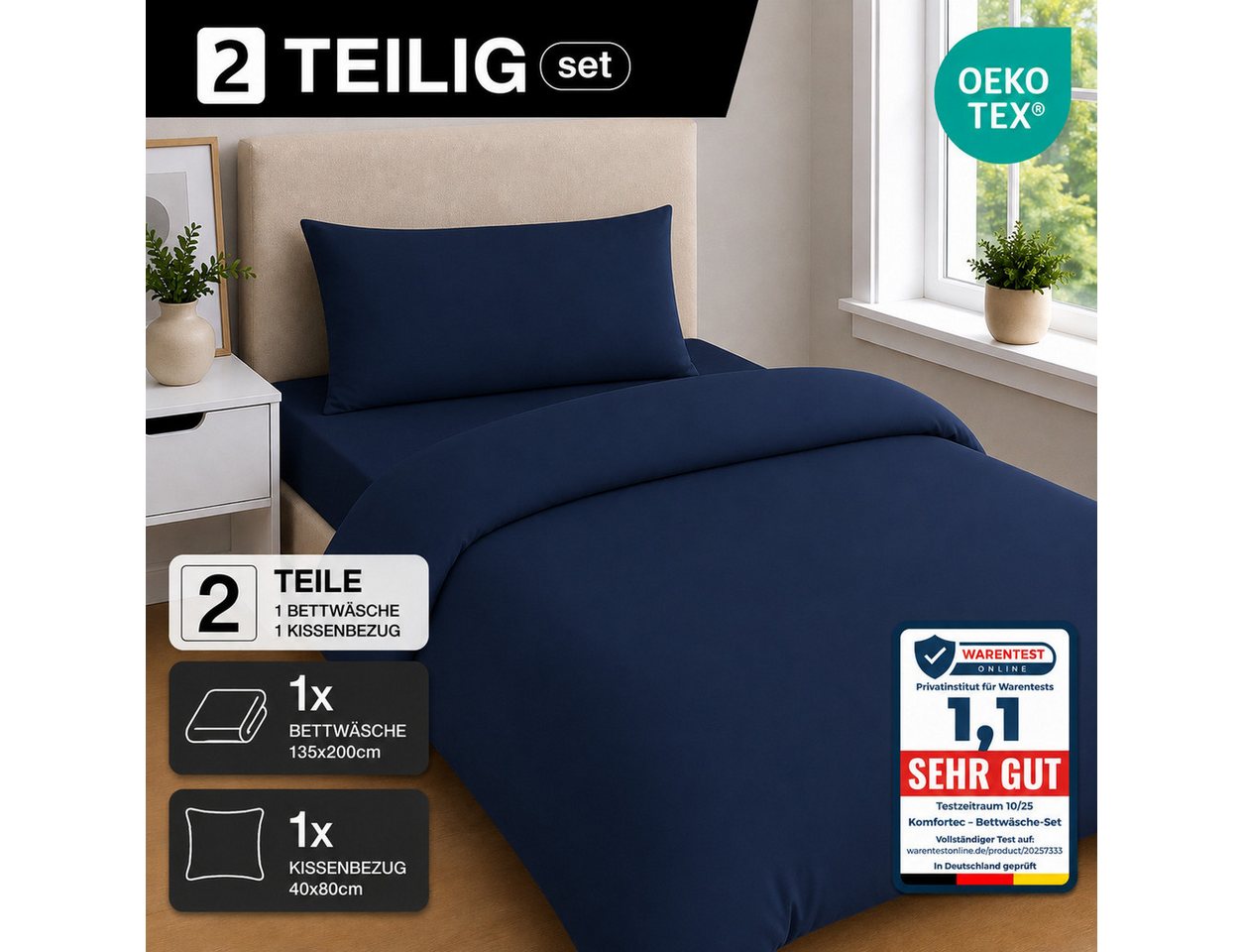Komfortec Bettwäsche Premium, 135 x 200 bis 220 x 240 cm, 6 verschiedene Größen zur Auswahl, gebürstet 100% Mikrofaser, 2 teilig, Superweiches Bettwäsche-Set, K – Bild 3 von 5