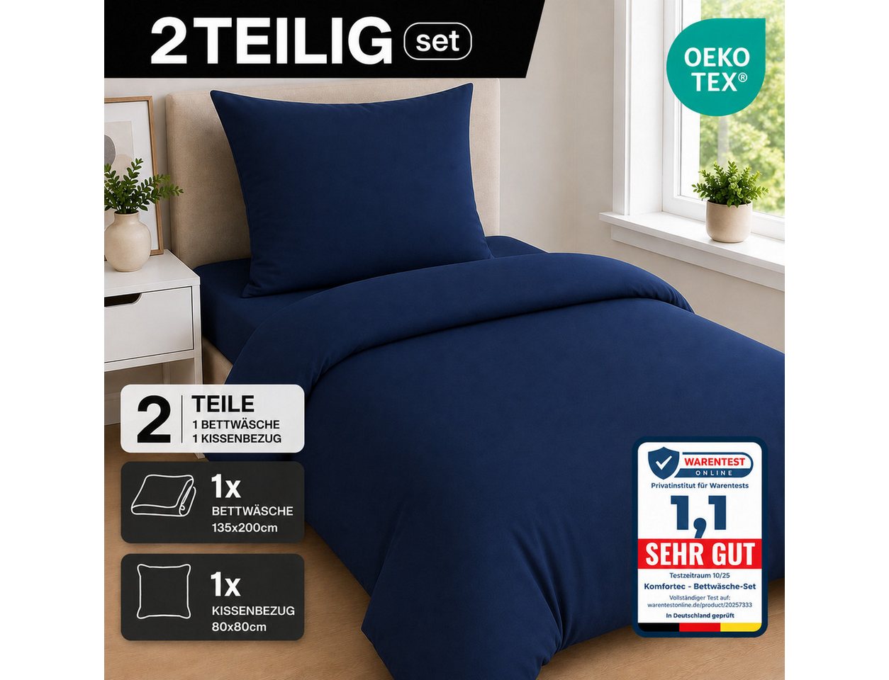 Komfortec Bettwäsche Premium, 135 x 200 bis 220 x 240 cm, 6 verschiedene Größen zur Auswahl, gebürstet 100% Mikrofaser, 2 teilig, Superweiches Bettwäsche-Set, K – Bild 3 von 5