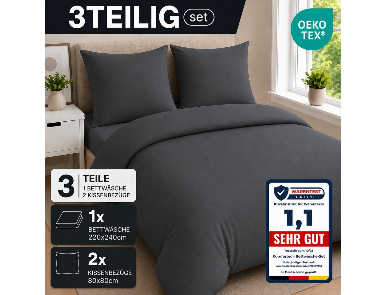 Komfortec Bettwäsche Premium, 135 x 200 bis 220 x 240 cm, 6 verschiedene Größen zur Auswahl, gebürstet 100% Mikrofaser, 3 teilig, Superweiches Bettwäsche-Set, K – Bild 3 von 5