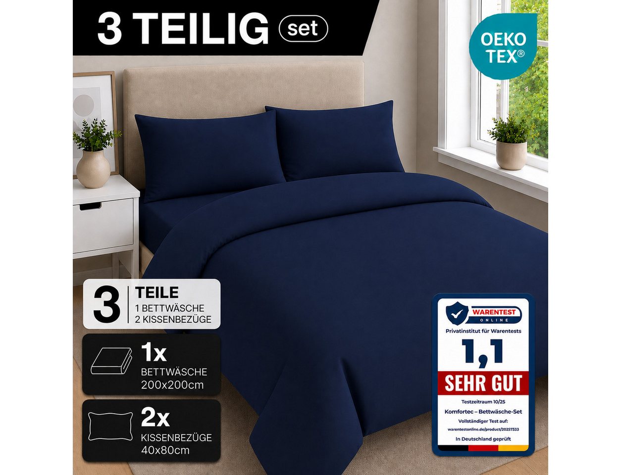 Komfortec Bettwäsche Premium, 135 x 200 bis 220 x 240 cm, 6 verschiedene Größen zur Auswahl, gebürstet 100% Mikrofaser, 3 teilig, Superweiches Bettwäsche-Set, K – Bild 3 von 5