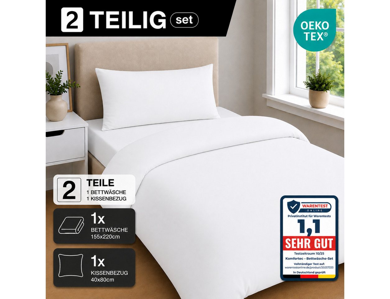 Komfortec Bettwäsche Premium, 135 x 200 bis 220 x 240 cm, 6 verschiedene Größen zur Auswahl, gebürstet 100% Mikrofaser, 2 teilig, Superweiches Bettwäsche-Set, K – Bild 3 von 5