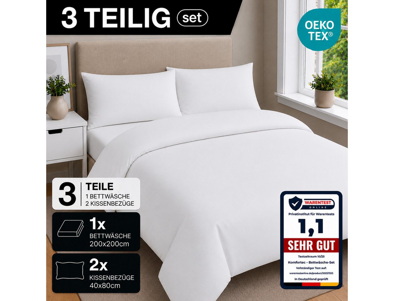 Komfortec Bettwäsche Premium, 135 x 200 bis 220 x 240 cm, 6 verschiedene Größen zur Auswahl, gebürstet 100% Mikrofaser, 3 teilig, Superweiches Bettwäsche-Set, K – Bild 3 von 5