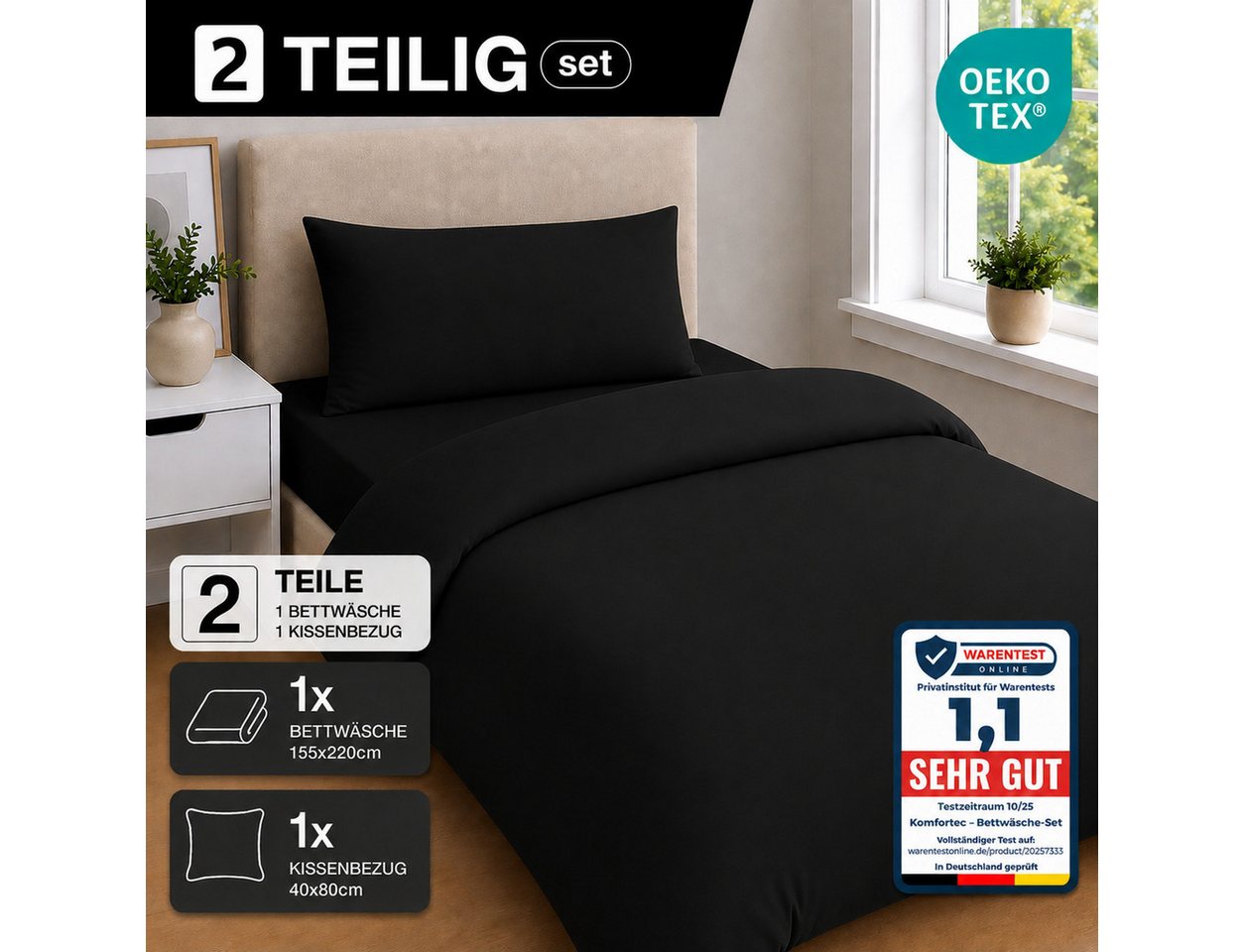 Komfortec Bettwäsche Premium, 135 x 200 bis 220 x 240 cm, 6 verschiedene Größen zur Auswahl, gebürstet 100% Mikrofaser, 2 teilig, Superweiches Bettwäsche-Set, K – Bild 3 von 5