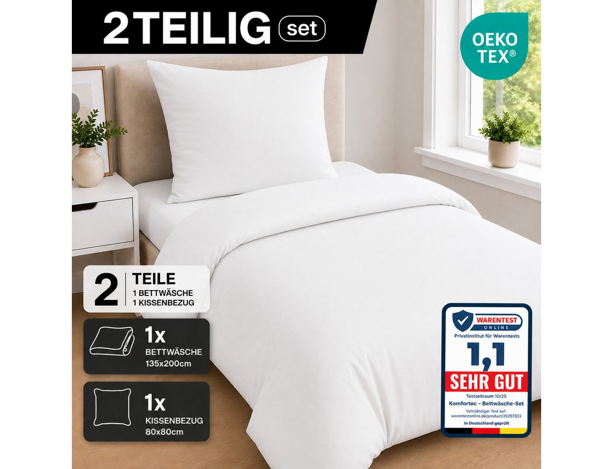 Komfortec Bettwäsche Premium, 135 x 200 bis 220 x 240 cm, 6 verschiedene Größen zur Auswahl, gebürstet 100% Mikrofaser, 2 teilig, Superweiches Bettwäsche-Set, K – Bild 3 von 5