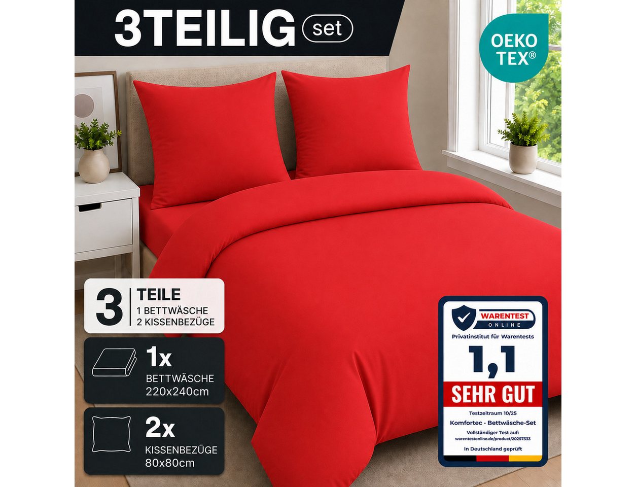Komfortec Bettwäsche Premium, 135 x 200 bis 220 x 240 cm, 6 verschiedene Größen zur Auswahl, gebürstet 100% Mikrofaser, 3 teilig, Superweiches Bettwäsche-Set, K – Bild 3 von 5