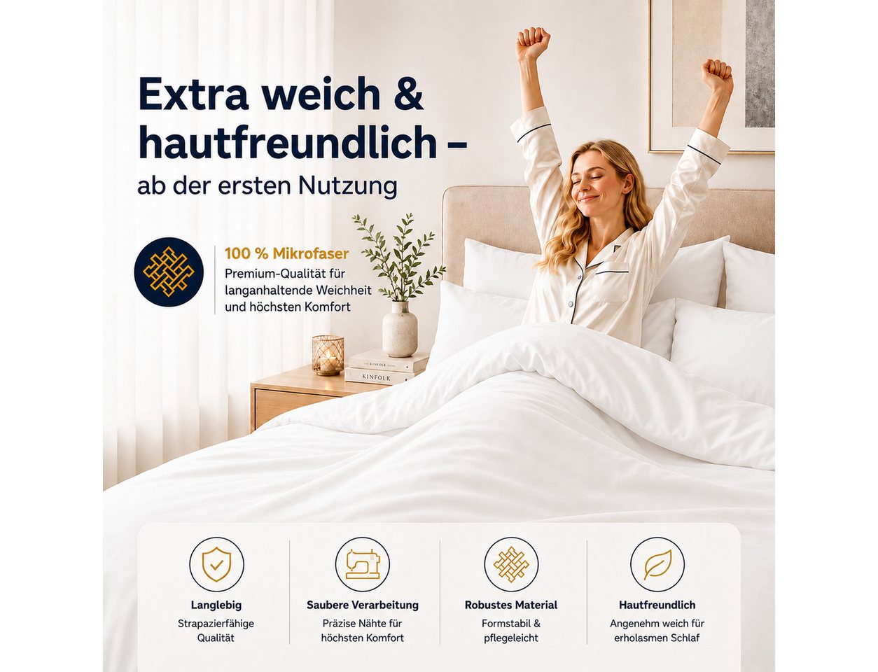 Komfortec Bettwäsche Premium, 135 x 200 bis 220 x 240 cm, 6 verschiedene Größen zur Auswahl, gebürstet 100% Mikrofaser, 4 teilig, Superweiches Bettwäsche-Set, K – Bild 4 von 5