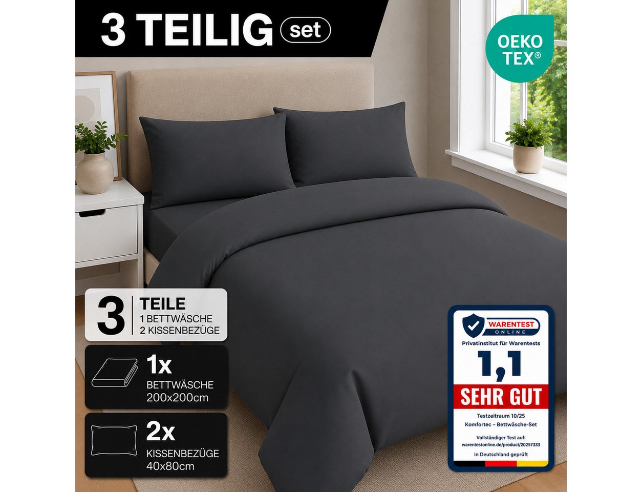 Komfortec Bettwäsche Premium, 135 x 200 bis 220 x 240 cm, 6 verschiedene Größen zur Auswahl, gebürstet 100% Mikrofaser, 3 teilig, Superweiches Bettwäsche-Set, K – Bild 3 von 5