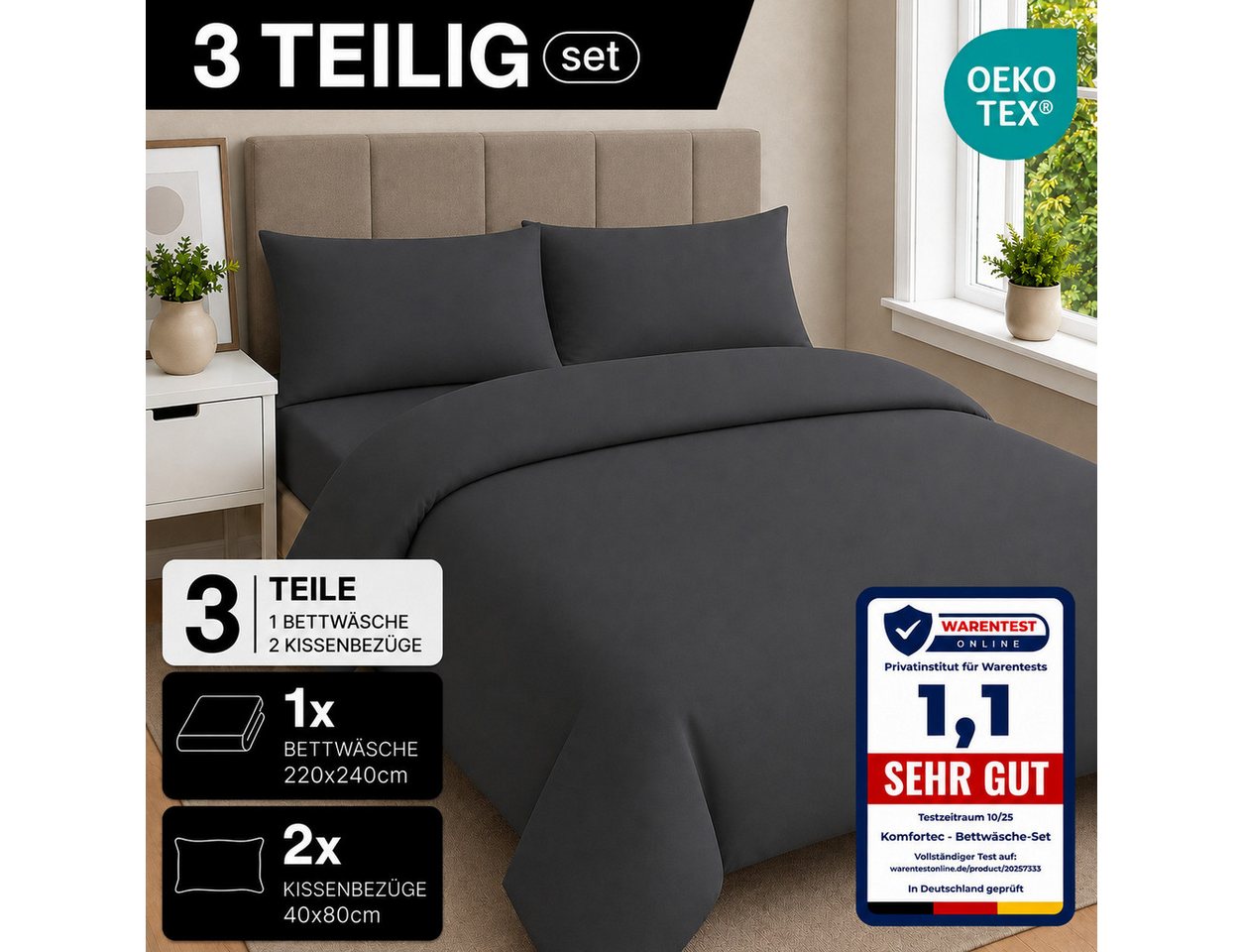 Komfortec Bettwäsche Premium, 135 x 200 bis 220 x 240 cm, 6 verschiedene Größen zur Auswahl, gebürstet 100% Mikrofaser, 3 teilig, Superweiches Bettwäsche-Set, K – Bild 3 von 5