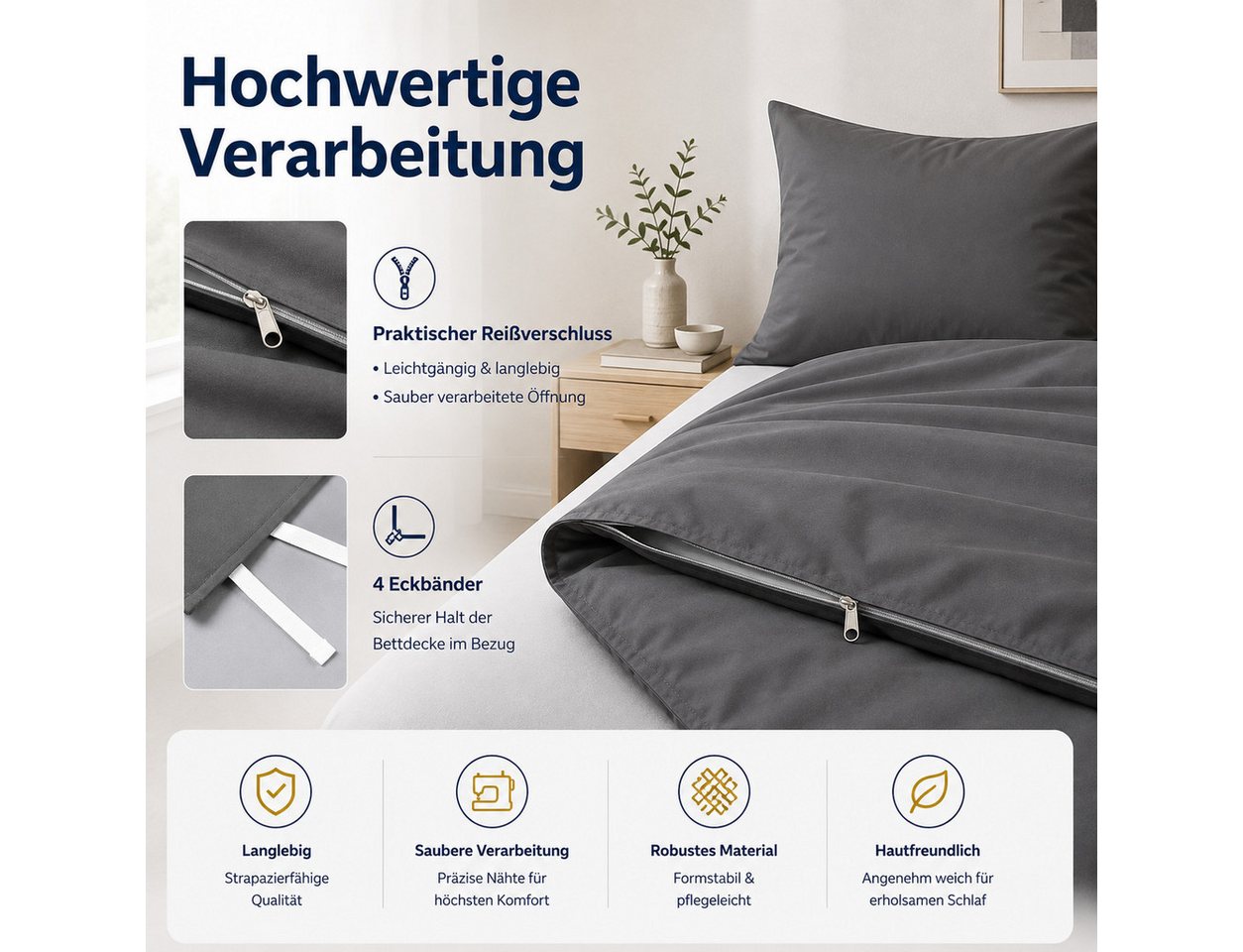 Komfortec Bettwäsche Premium, 135 x 200 bis 220 x 240 cm, 6 verschiedene Größen zur Auswahl, gebürstet 100% Mikrofaser, 3 teilig, Superweiches Bettwäsche-Set, K – Bild 5 von 5