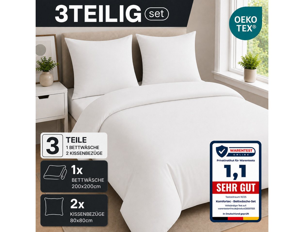 Komfortec Bettwäsche Premium, 135 x 200 bis 220 x 240 cm, 6 verschiedene Größen zur Auswahl, gebürstet 100% Mikrofaser, 3 teilig, Superweiches Bettwäsche-Set, K – Bild 3 von 5
