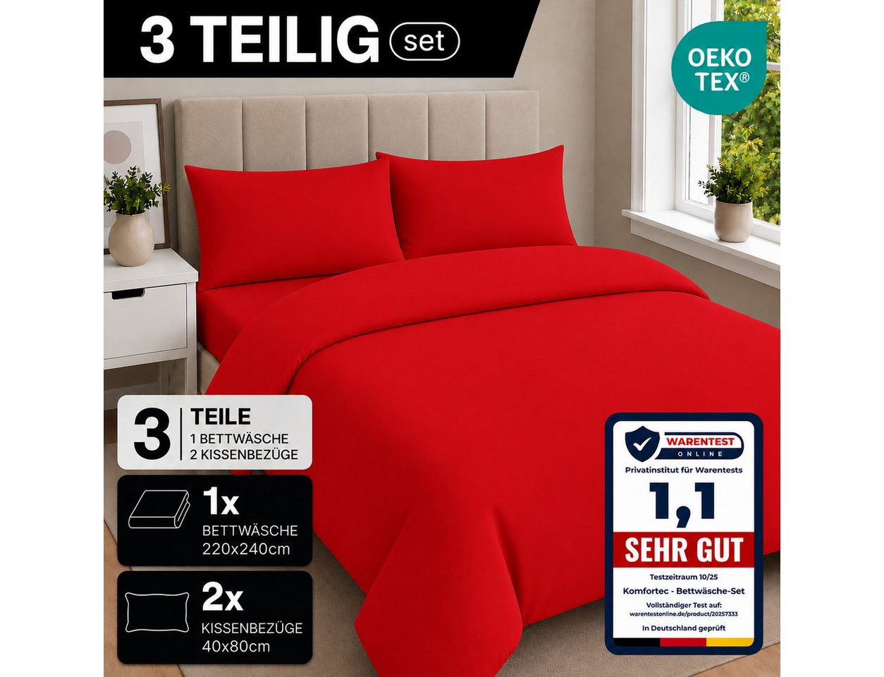 Komfortec Bettwäsche Premium, 135 x 200 bis 220 x 240 cm, 6 verschiedene Größen zur Auswahl, gebürstet 100% Mikrofaser, 3 teilig, Superweiches Bettwäsche-Set, K – Bild 3 von 5
