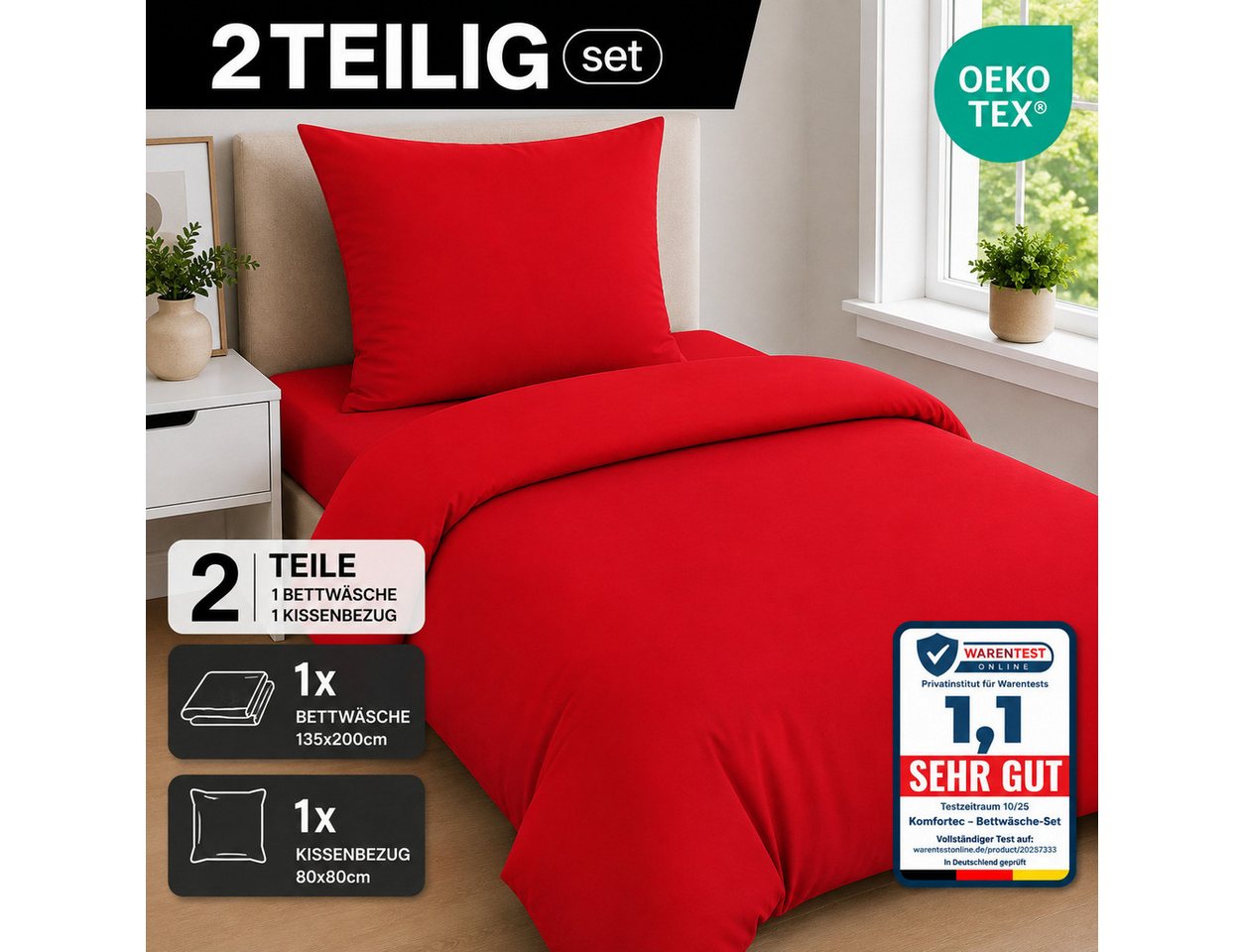 Komfortec Bettwäsche Premium, 135 x 200 bis 220 x 240 cm, 6 verschiedene Größen zur Auswahl, gebürstet 100% Mikrofaser, 2 teilig, Superweiches Bettwäsche-Set, K – Bild 3 von 5
