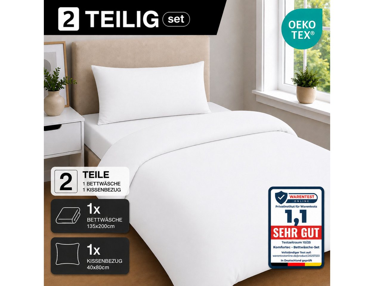 Komfortec Bettwäsche Premium, 135 x 200 bis 220 x 240 cm, 6 verschiedene Größen zur Auswahl, gebürstet 100% Mikrofaser, 2 teilig, Superweiches Bettwäsche-Set, K – Bild 3 von 5