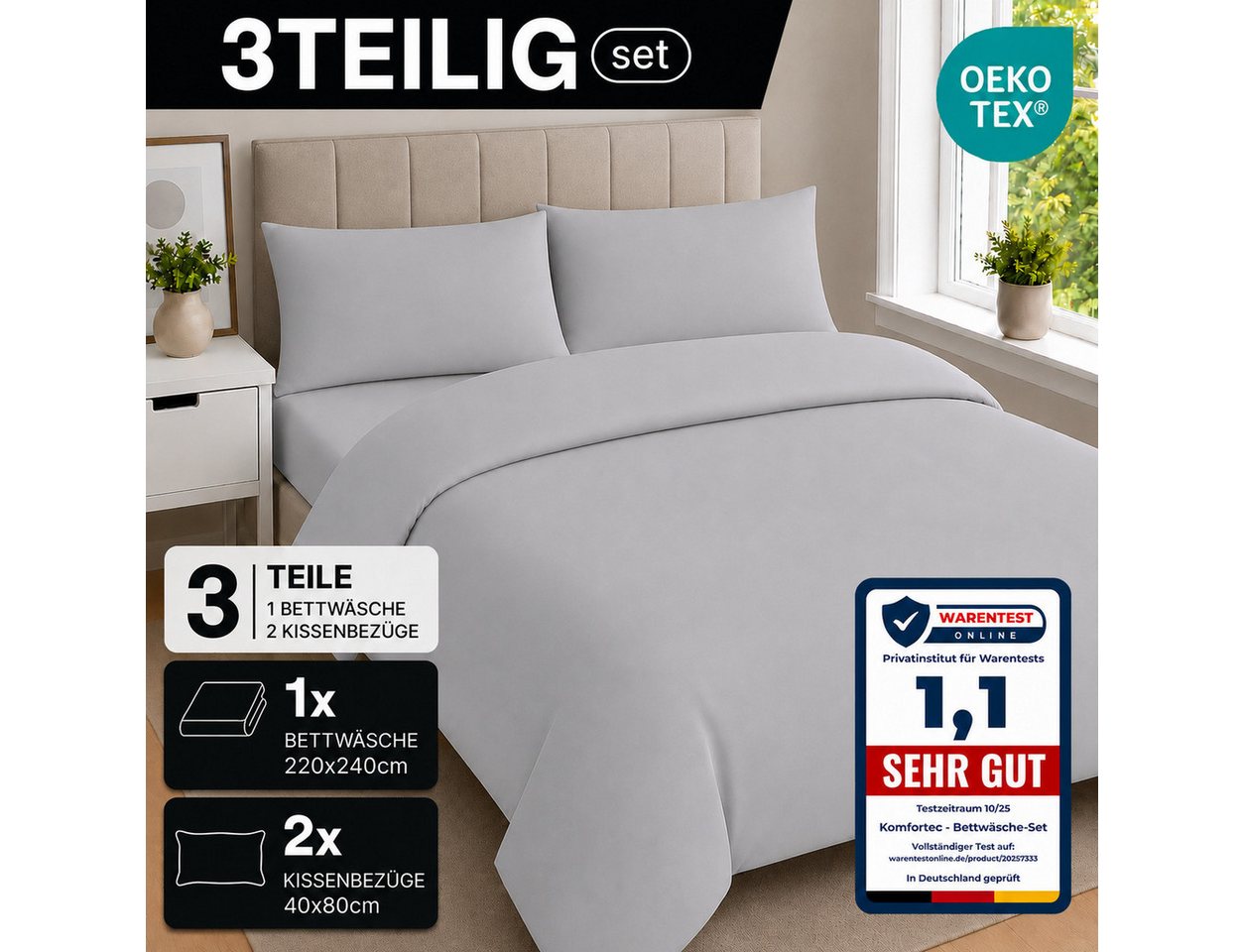 Komfortec Bettwäsche Premium, 135 x 200 bis 220 x 240 cm, 6 verschiedene Größen zur Auswahl, gebürstet 100% Mikrofaser, 3 teilig, Superweiches Bettwäsche-Set, K – Bild 3 von 5