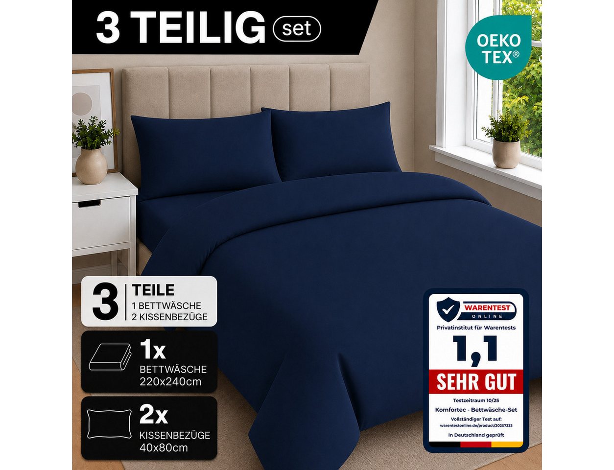 Komfortec Bettwäsche Premium, 135 x 200 bis 220 x 240 cm, 6 verschiedene Größen zur Auswahl, gebürstet 100% Mikrofaser, 3 teilig, Superweiches Bettwäsche-Set, K – Bild 3 von 5