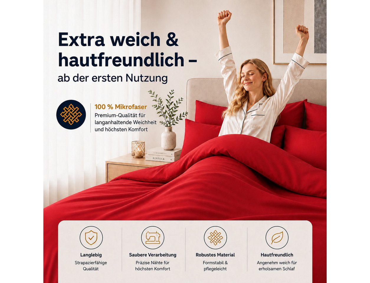 Komfortec Bettwäsche Premium, 135 x 200 bis 220 x 240 cm, 6 verschiedene Größen zur Auswahl, gebürstet 100% Mikrofaser, 2 teilig, Superweiches Bettwäsche-Set, K – Bild 4 von 5