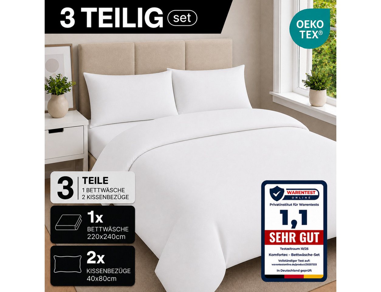 Komfortec Bettwäsche Premium, 135 x 200 bis 220 x 240 cm, 6 verschiedene Größen zur Auswahl, gebürstet 100% Mikrofaser, 3 teilig, Superweiches Bettwäsche-Set, K – Bild 3 von 5