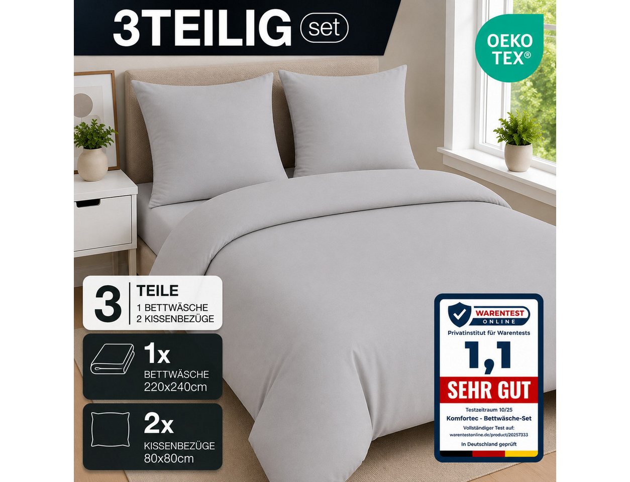 Komfortec Bettwäsche Premium, 135 x 200 bis 220 x 240 cm, 6 verschiedene Größen zur Auswahl, gebürstet 100% Mikrofaser, 3 teilig, Superweiches Bettwäsche-Set, K – Bild 3 von 5