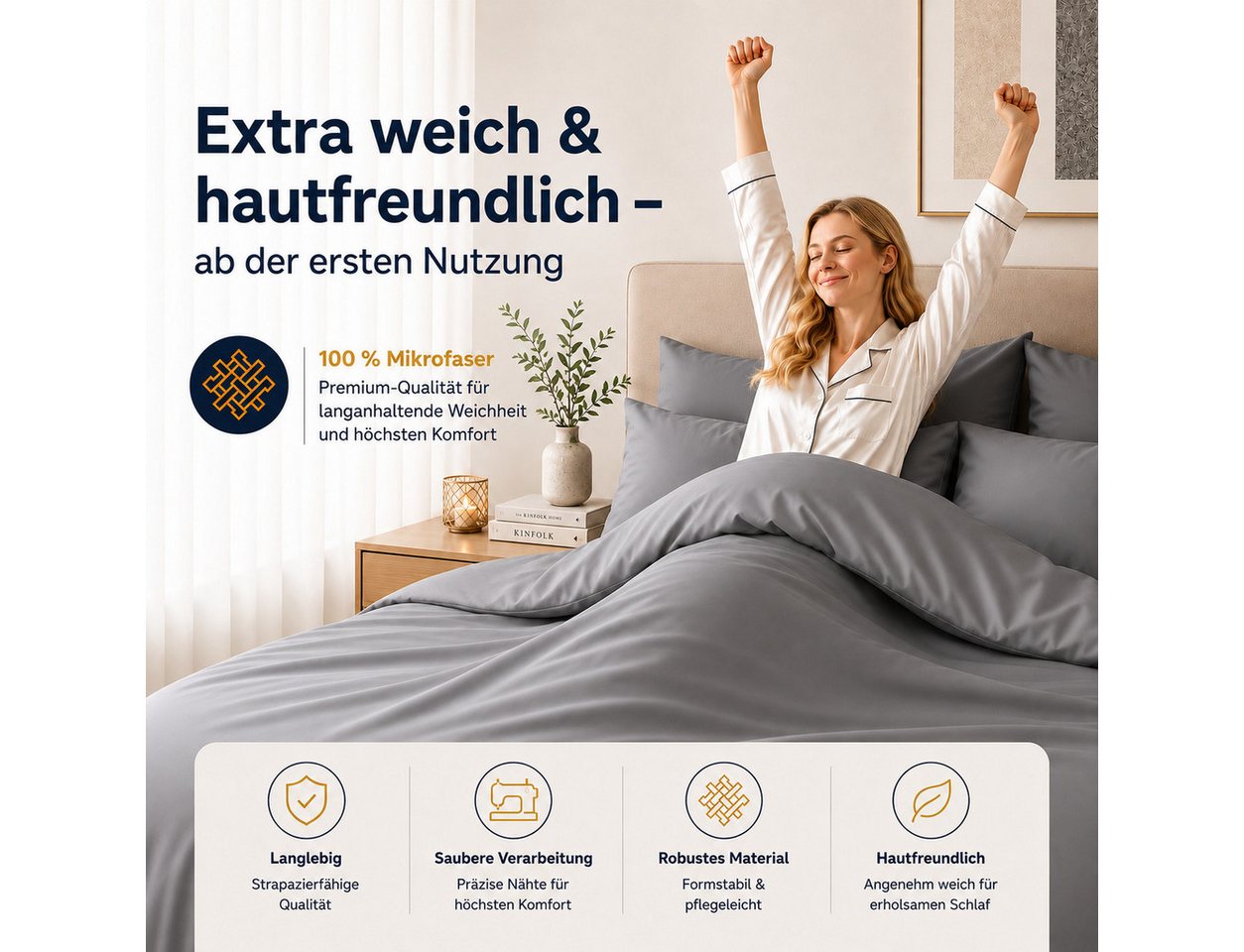 Komfortec Bettwäsche Premium, 135 x 200 bis 220 x 240 cm, 6 verschiedene Größen zur Auswahl, gebürstet 100% Mikrofaser, 3 teilig, Superweiches Bettwäsche-Set, K – Bild 4 von 5