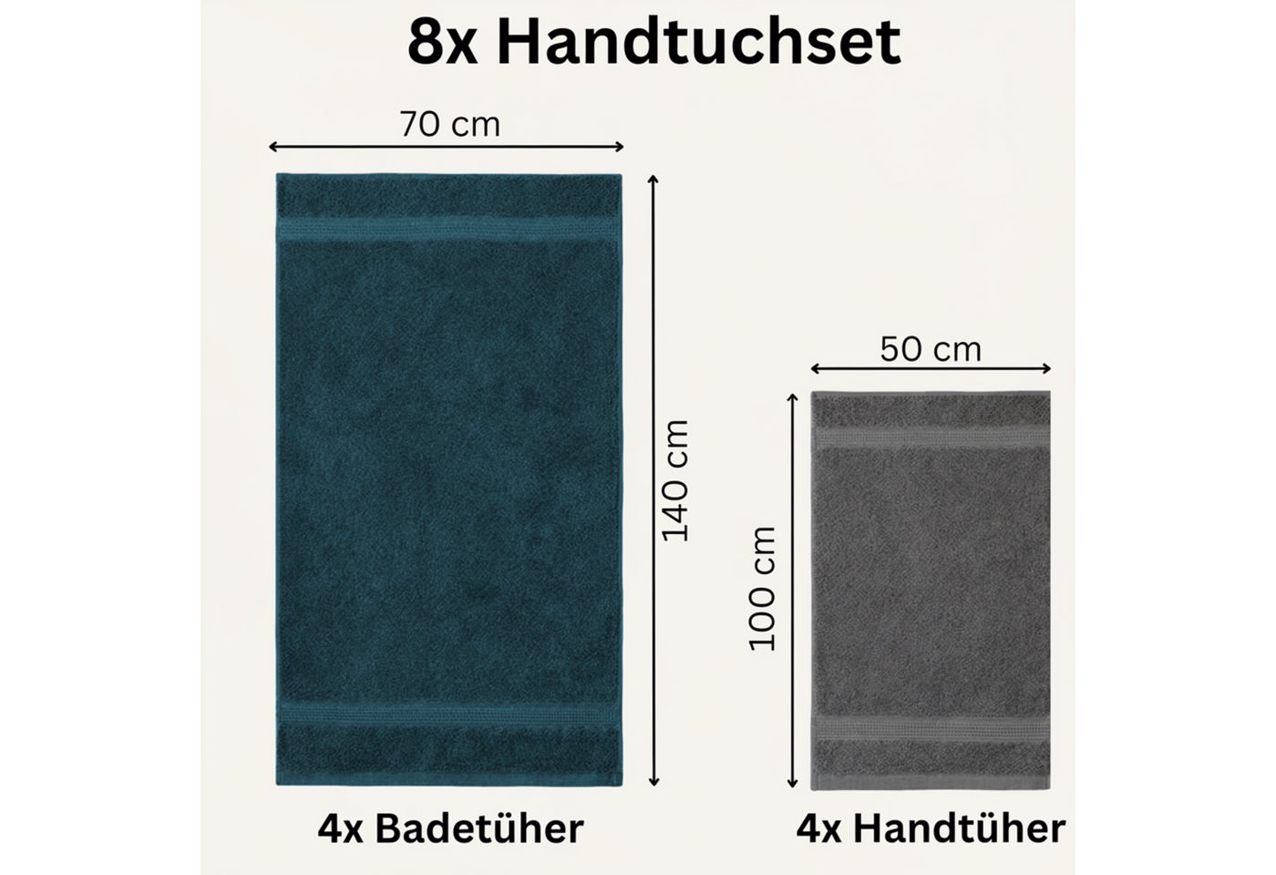 Komfortec Handtuch Set aus 100% Baumwolle, 4 Handtücher 50x100 cm und 4 Badetücher 70x140 cm, Frottee (Packung, 8-St), Duschtücher & Badehandtuch, Weich, Towel, – Bild 3 von 5