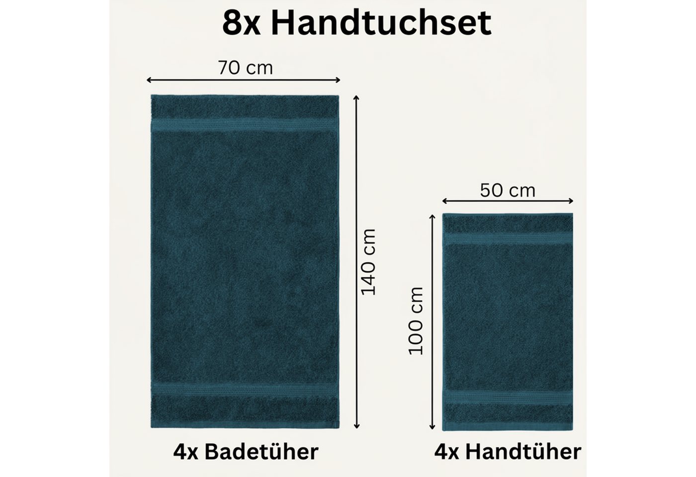 Komfortec Handtuch Set aus 100% Baumwolle, 4 Handtücher 50x100 cm und 4 Badetücher 70x140 cm, Frottee (Packung, 8-St), Duschtücher & Badehandtuch, Weich, Towel, – Bild 3 von 5