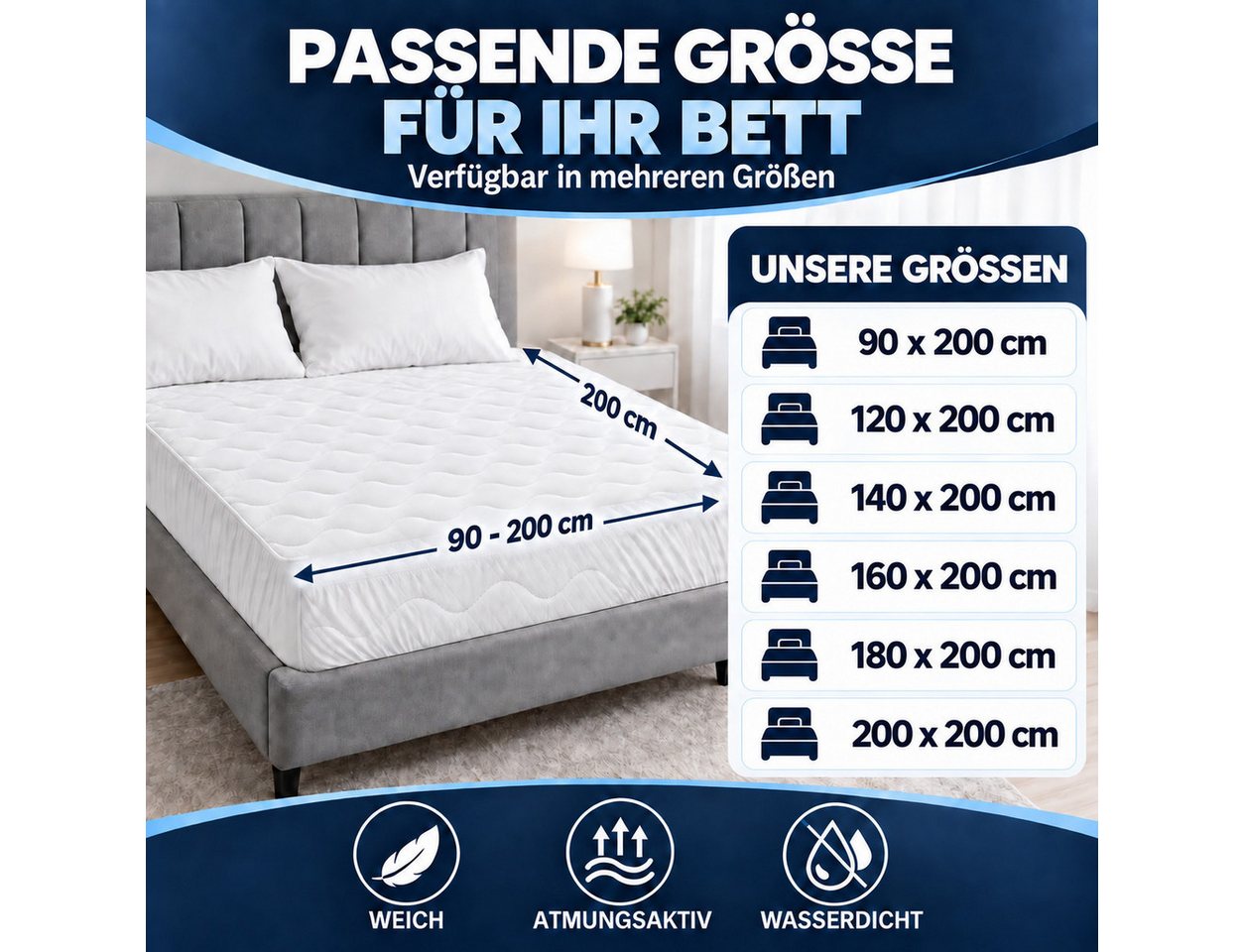 Matratzenschoner 100 g/m², 90x200, 120x200, 140x200, 160x200, 180x200 oder 200x200 cm Komfortec, 1 oder 2 Stück Wasserdichter Matratzenauflage – Bild 5 von 5