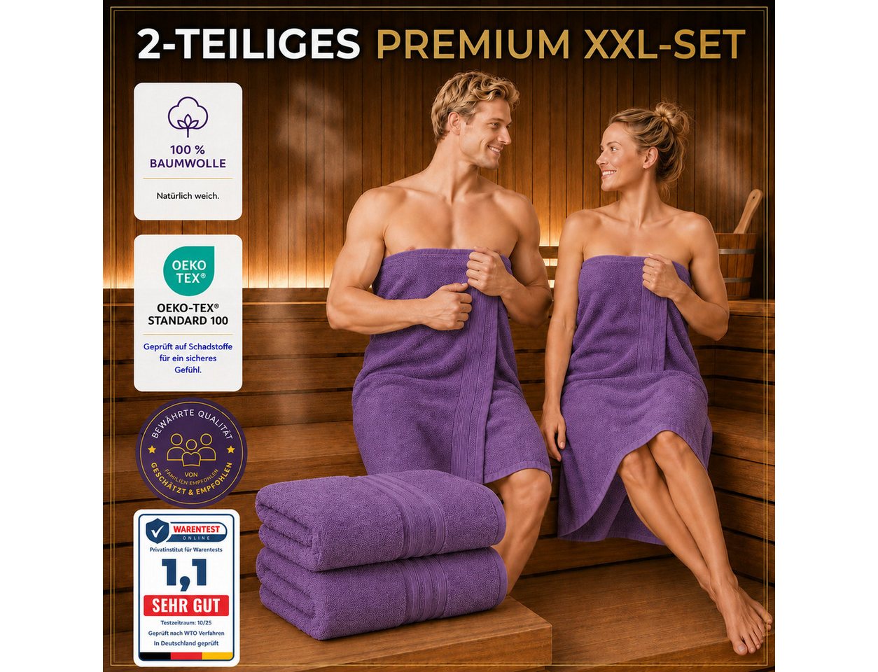 Komfortec Saunatuch 2er Set extra Große - Premium Badetuch - 80x200 XXL, Frottee (2-St), extra Große, 100% Baumwolle, Weich, Schnelltrocknend – Bild 4 von 5