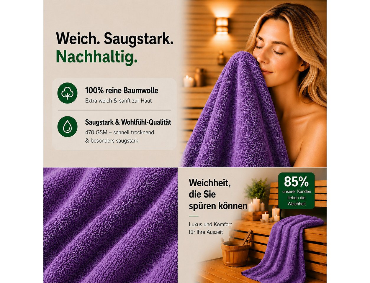 Komfortec Saunatuch 2er Set extra Große - Premium Badetuch - 80x200 XXL, Frottee (2-St), extra Große, 100% Baumwolle, Weich, Schnelltrocknend – Bild 5 von 5
