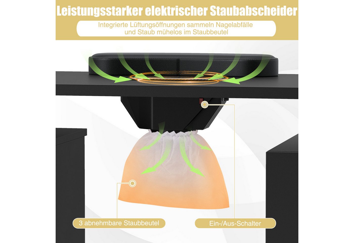 KOMFOTTEU Arbeitstisch, Manikürtisch Nageltisch mit Staubabsaugung & 3 Staubbeuteln – Bild 2 von 5