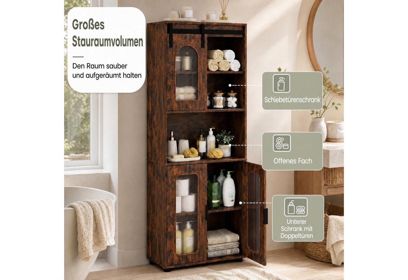 KOMFOTTEU Badkommode, Küchenschrank mit Schiebetür, 60 x 30 x 150 cm – Bild 2 von 5