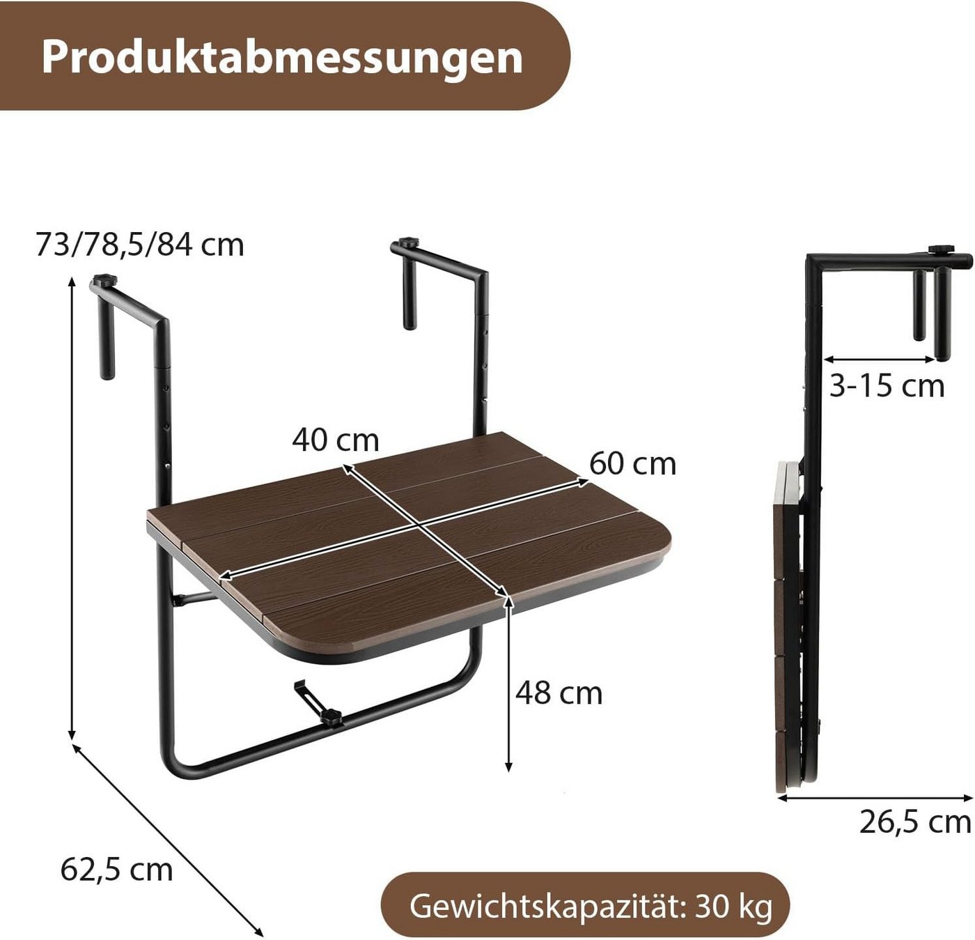 KOMFOTTEU Balkonhängetisch Klapptisch, in 3 Stufen höhenverstellbar – Bild 3 von 5