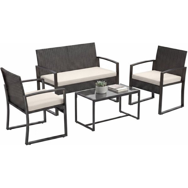 KOMFOTTEU Balkonset, (4-tlg), aus Polyrattan mit Glas-Couchtisch, 2 Sesseln & Zweisitzer