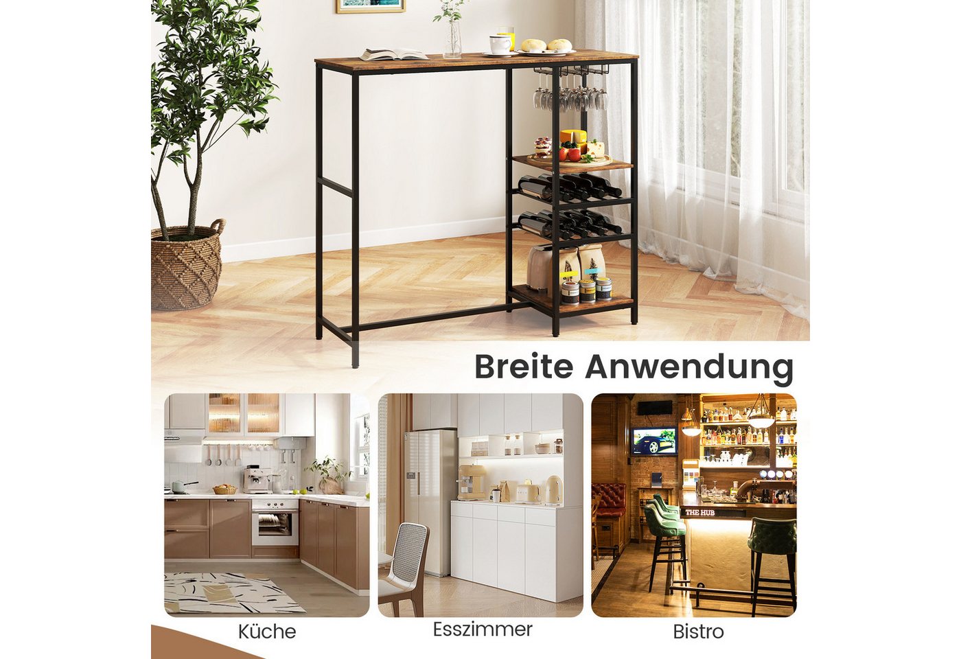KOMFOTTEU Bartisch, Küchentheke mit Weinregalen & Glashaltern – Bild 3 von 5