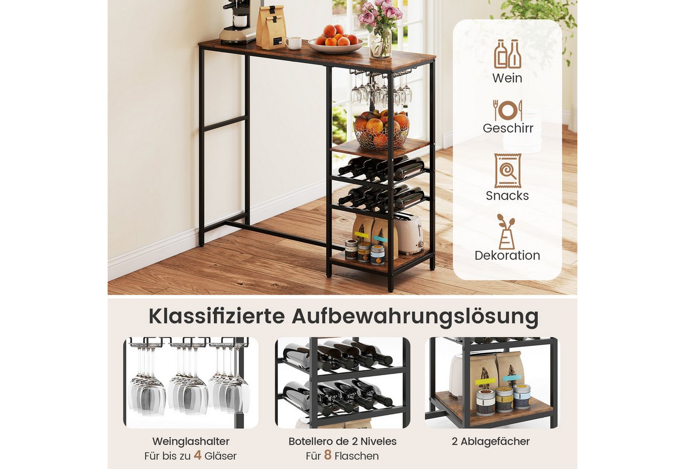 KOMFOTTEU Bartisch, Küchentheke mit Weinregalen & Glashaltern – Bild 4 von 5