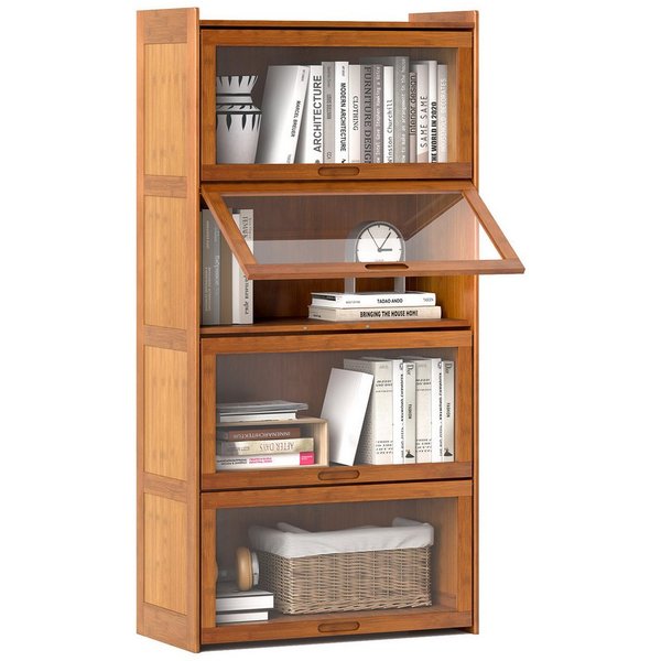 KOMFOTTEU Bücherregal, Vitrinenschrank aus Bambus, mit Türen