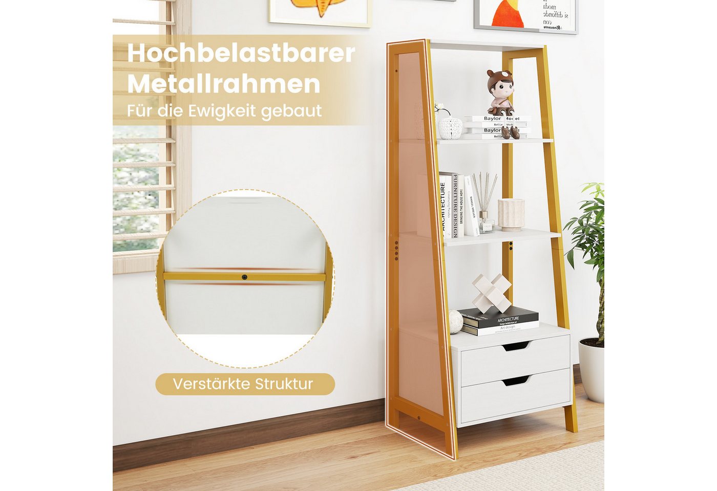 KOMFOTTEU Bücherregal, Leiterregal Standregal mit 2 Schubladen & 4 offenen Ablagen – Bild 3 von 5