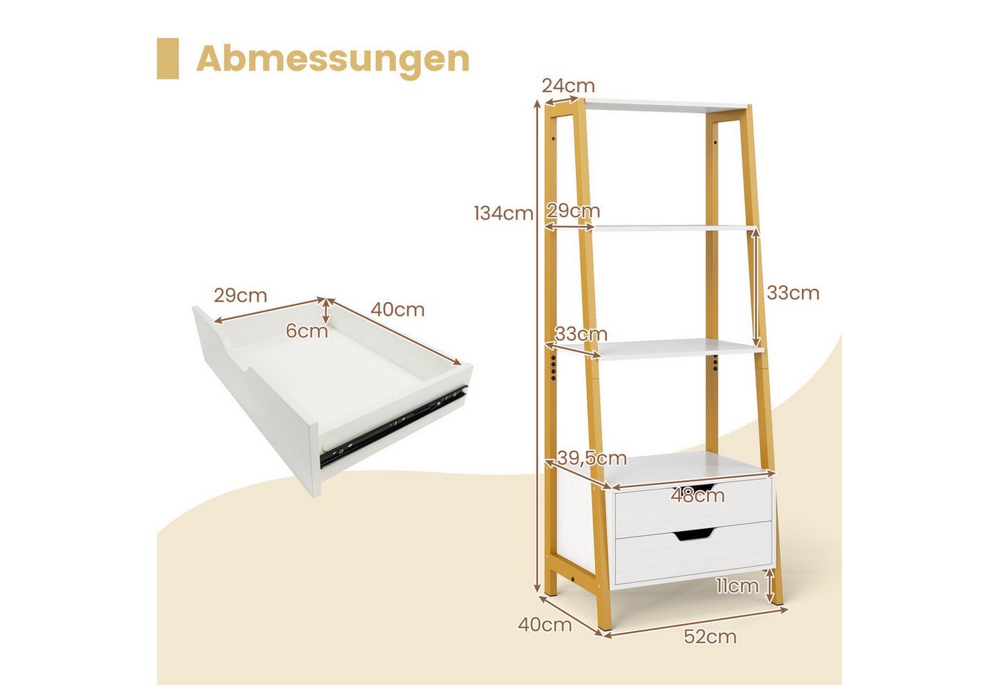 KOMFOTTEU Bücherregal, Leiterregal Standregal mit 2 Schubladen & 4 offenen Ablagen – Bild 5 von 5