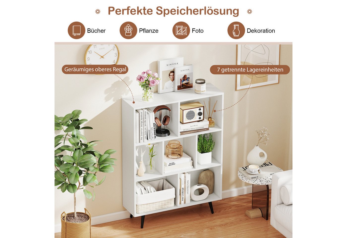 KOMFOTTEU Bücherregal, Standregal mit 7/8/10 Fächern, Metallbeinen und Kippschutzvorrichtung – Bild 4 von 5