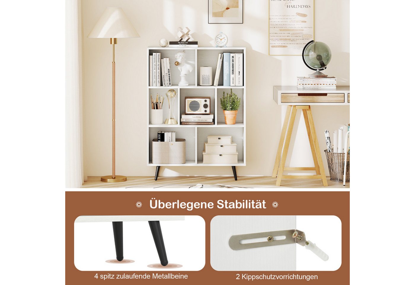 KOMFOTTEU Bücherregal, Standregal mit 7/8/10 Fächern, Metallbeinen und Kippschutzvorrichtung – Bild 5 von 5